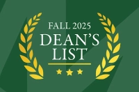 Dark green background with gold laurels and stars and the words Fall 2025 Dean's List Fall 2025 Dean's List Announced